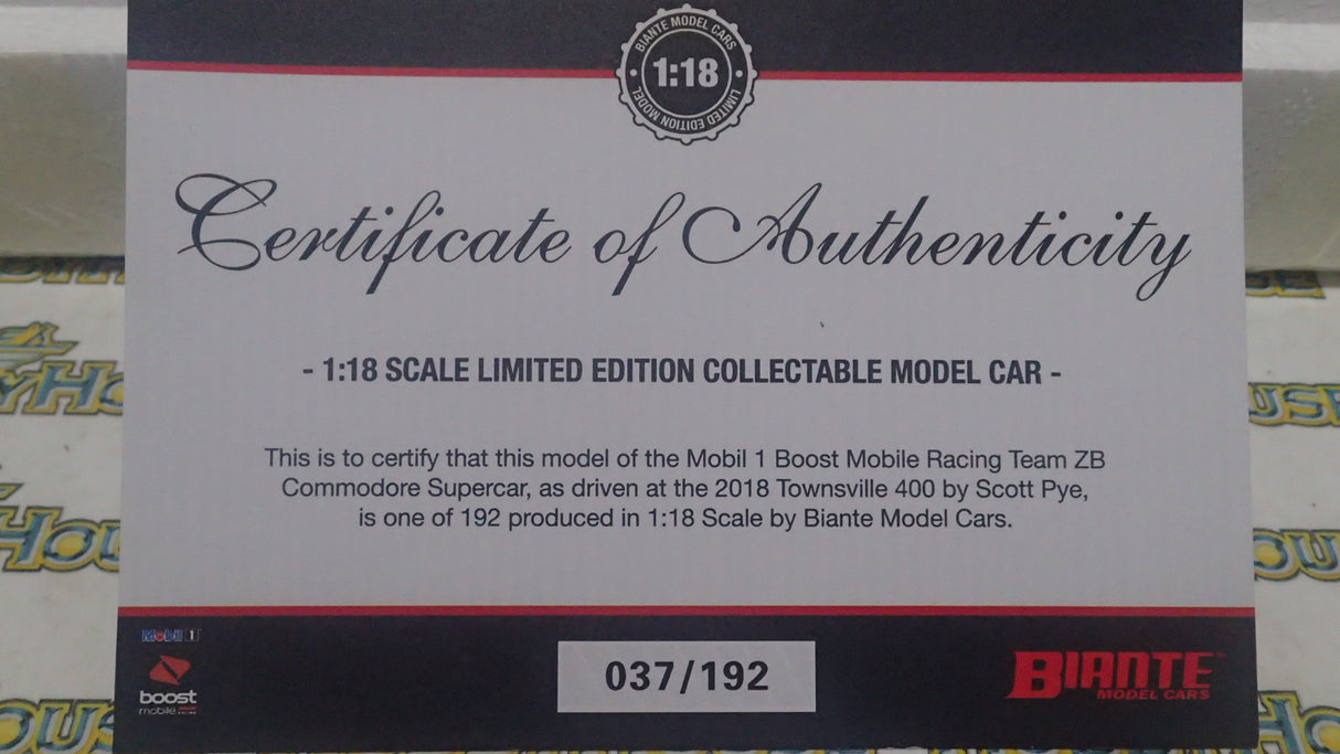 Biante B18H18Q – 1/18 Scale – Holden ZB Commodore V8 Supercar COTF Mobil 1 Boost Mobile Racing #2 Scott Pye 2018 Townsville 400 Diecast Scale Model Replica