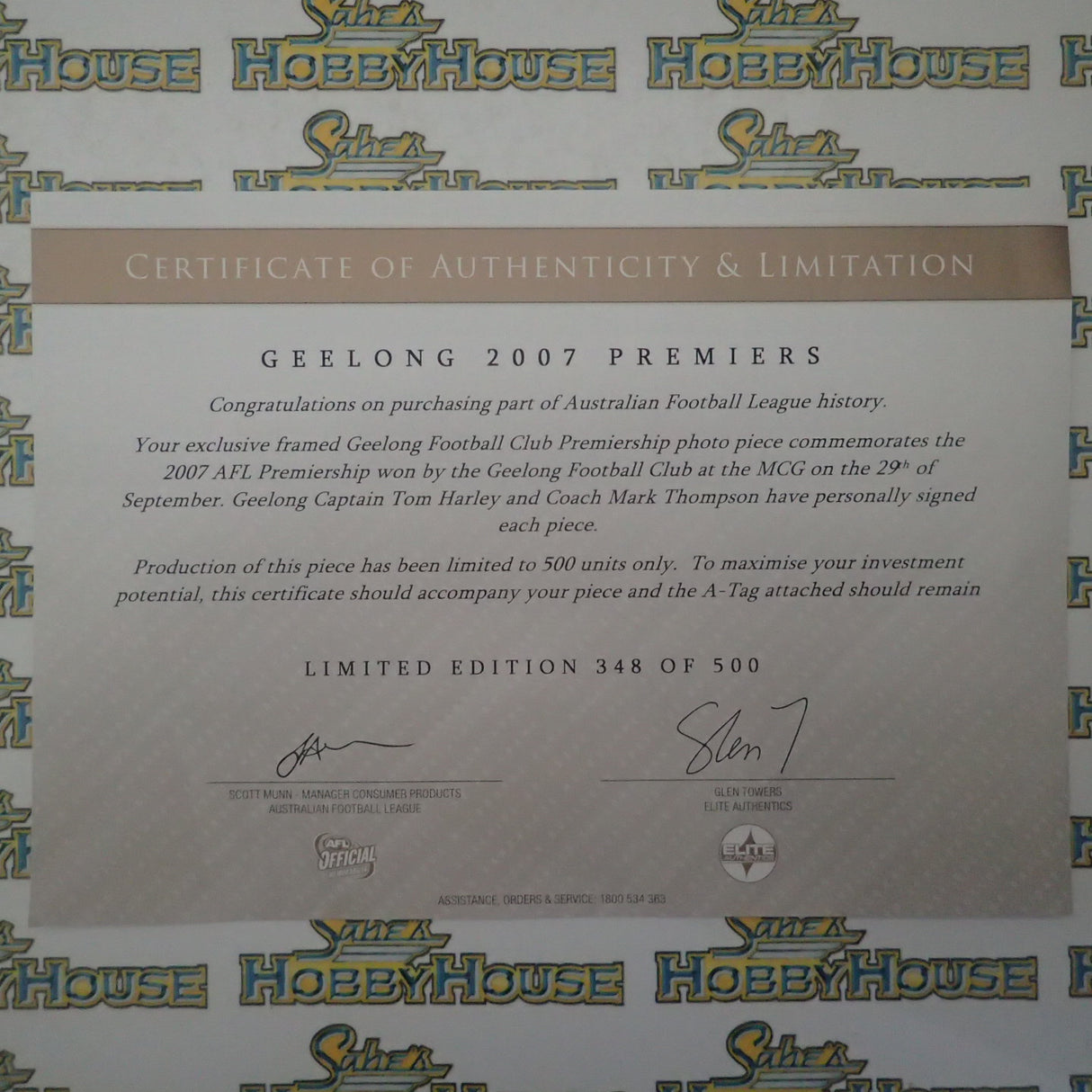 ELITE AUTHENTICS - GEELONG 2007 PREMIERS Personally signed by Captain Tom Harley & Coach Mark Thompson