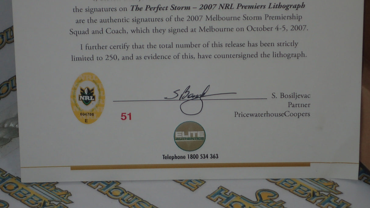 LEGEND MEMORABILIA MEM08 The Perfect Storm Signed 2007 Melbourne Storm Premiers Team Lithograph ex shop display
