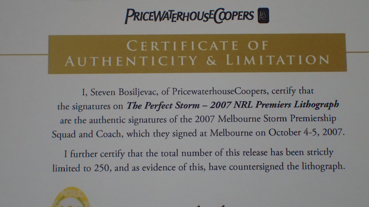 LEGEND MEMORABILIA MEM08 The Perfect Storm Signed 2007 Melbourne Storm Premiers Team Lithograph ex shop display