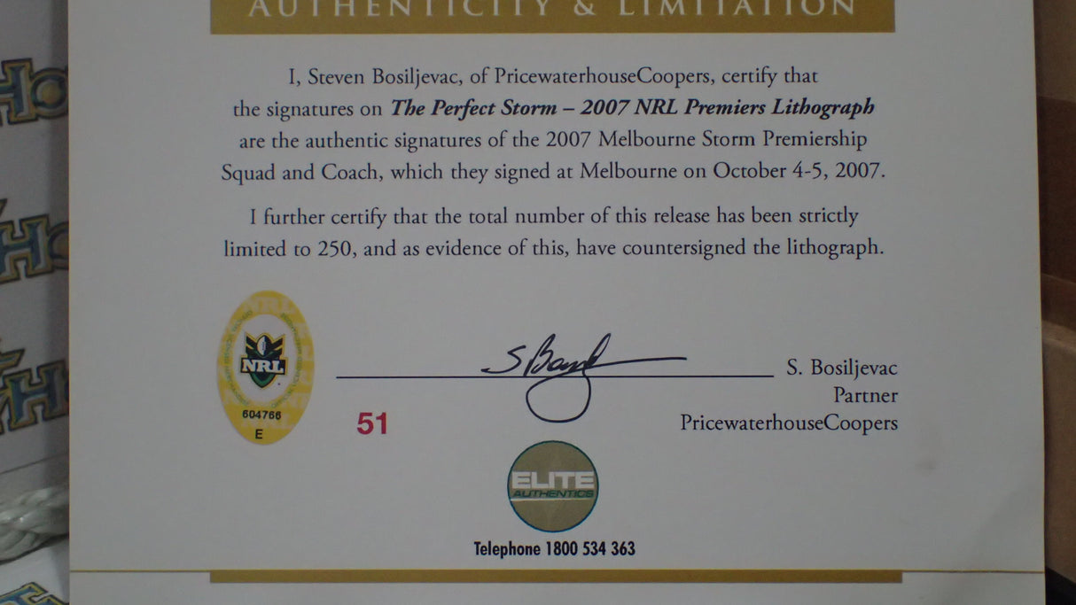 LEGEND MEMORABILIA MEM08 The Perfect Storm Signed 2007 Melbourne Storm Premiers Team Lithograph ex shop display