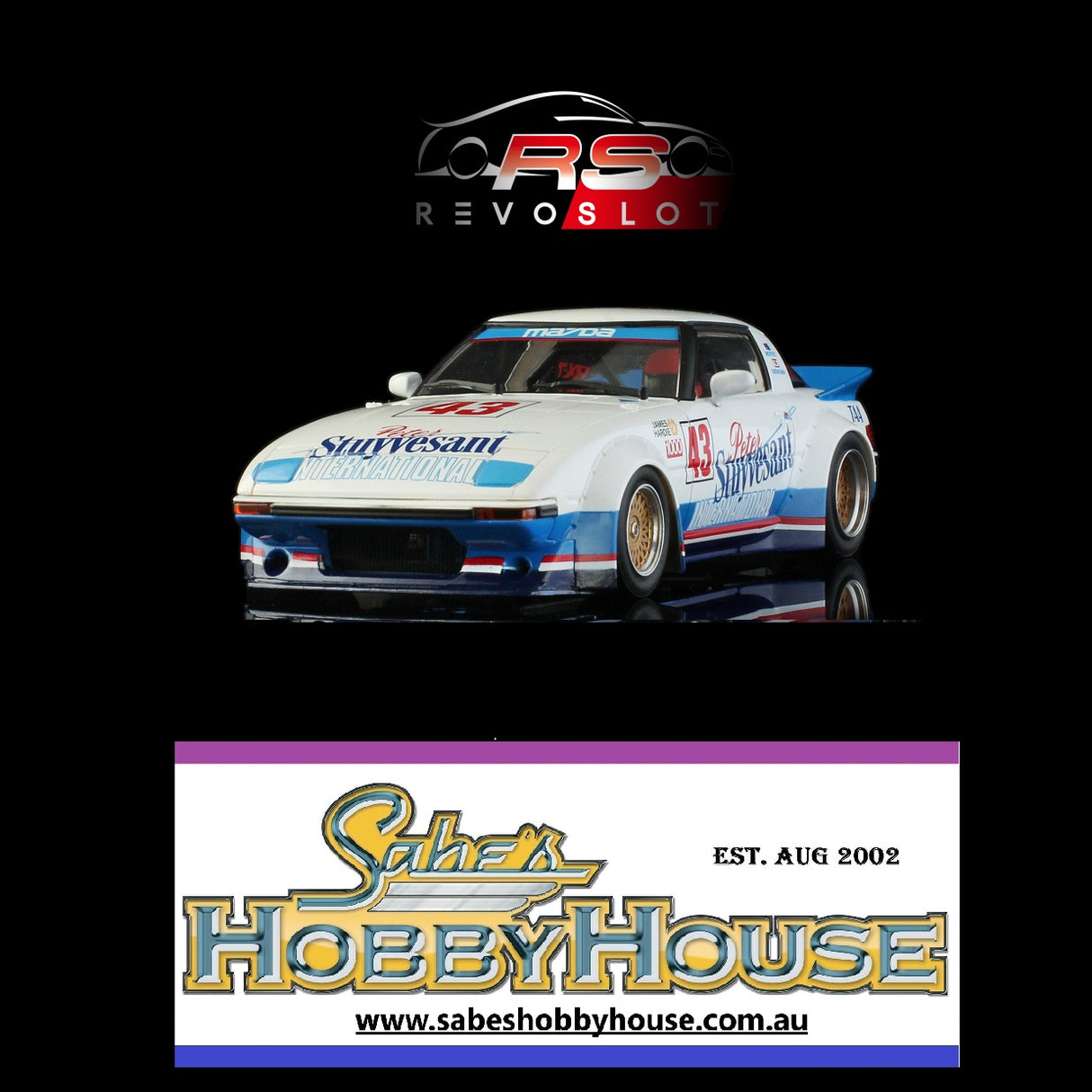 Revo Slot RS093 – 1/32 Scale Mazda RX-7 n.43 Bathurst 1000 - 1983 Peter Stuyvesant - International Racing - A. Moffat - Y. Katayama