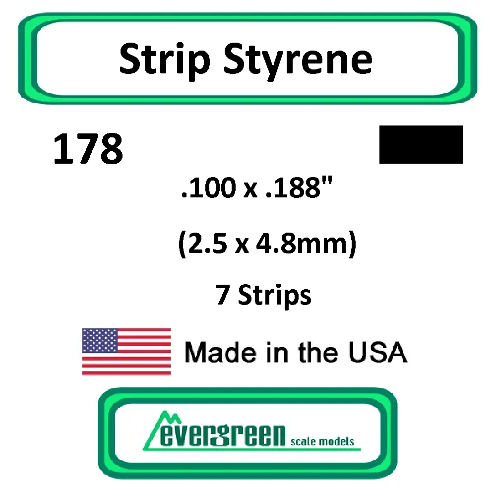 Evergreen Scale Models - Strip Styrene - Rectangle .100 x .188" (2.5 x 4.8mm) 7x Opaque White Polystyrene Strips #178