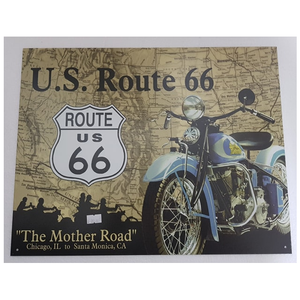 Tin Sign – U.S. Route 66 "The Mother Road" w/Indian Motorcycle