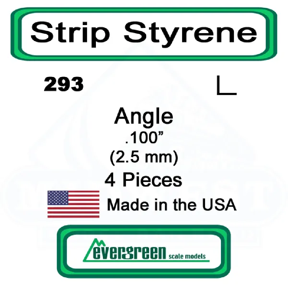 Evergreen Scale Models – Angle Styrene – .100" (2.5mm) 4 Pieces #293