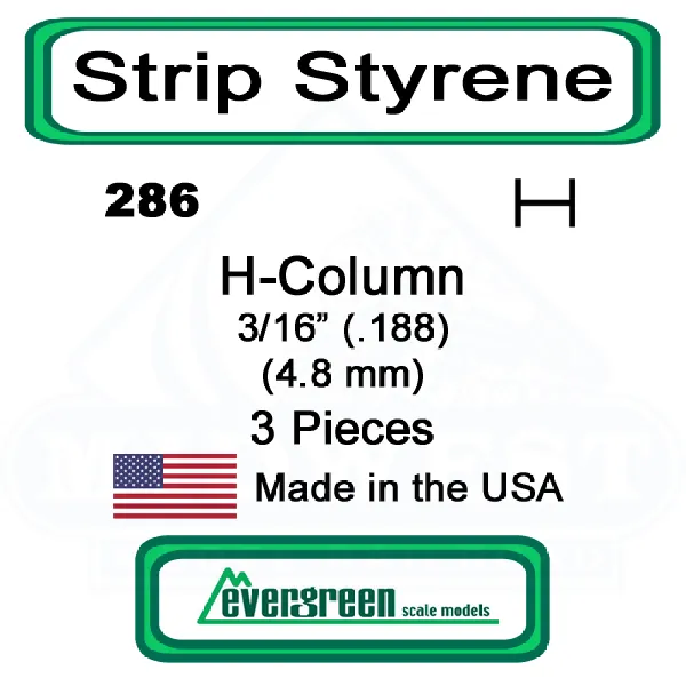 Evergreen Scale Models – H-Column Styrene – 3/16" (.188) (4.8mm) 3 Pieces #286