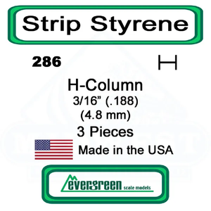 Evergreen Scale Models – H-Column Styrene – 3/16" (.188) (4.8mm) 3 Pieces #286