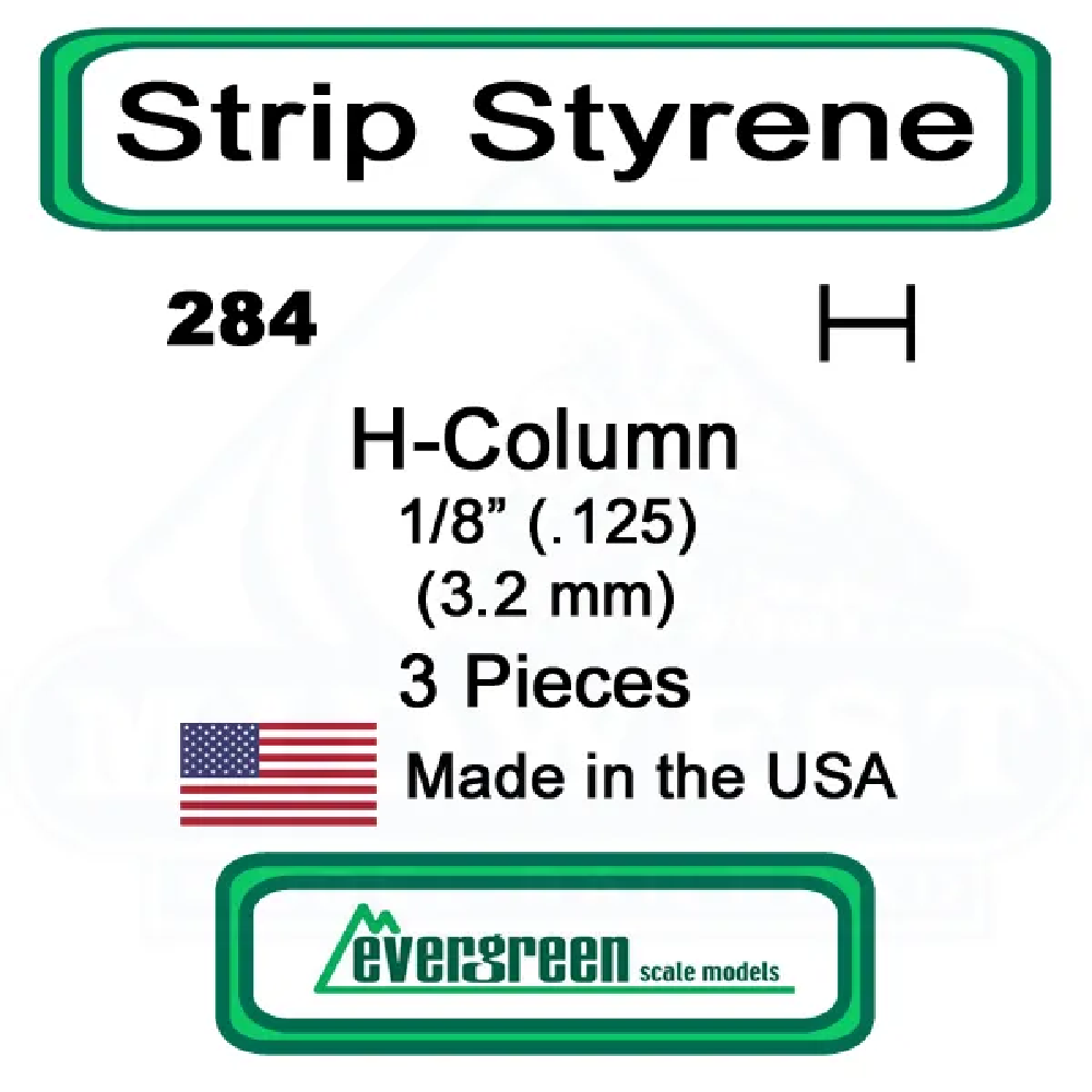 Evergreen Scale Models – H-Column Styrene –1/8" (.125) (3.2mm) 3 Pieces #284
