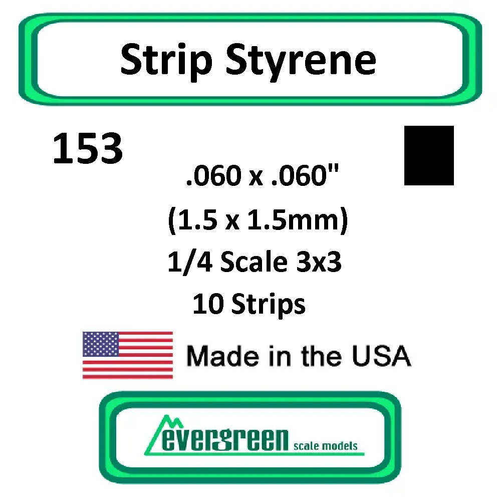 Evergreen Scale Models - Strip Styrene - Square .060 x .060" (1.5 x 1.5mm) 1/4 Scale 3x3 10x Opaque White Polystyrene Strips #153