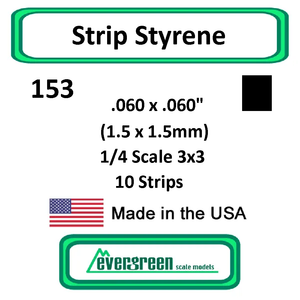 Evergreen Scale Models - Strip Styrene - Square .060 x .060" (1.5 x 1.5mm) 1/4 Scale 3x3 10x Opaque White Polystyrene Strips #153