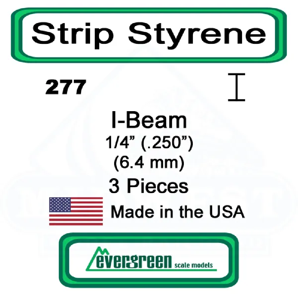 Evergreen Scale Models – I-Beam Styrene – 1/4" (.250mm) (6.4mm) 3 Pieces #277