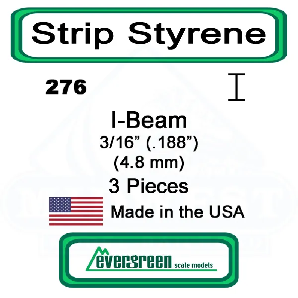 Evergreen Scale Models – I-Beam Styrene – 3/16" (.188mm) (4.8mm) 3 Pieces #276