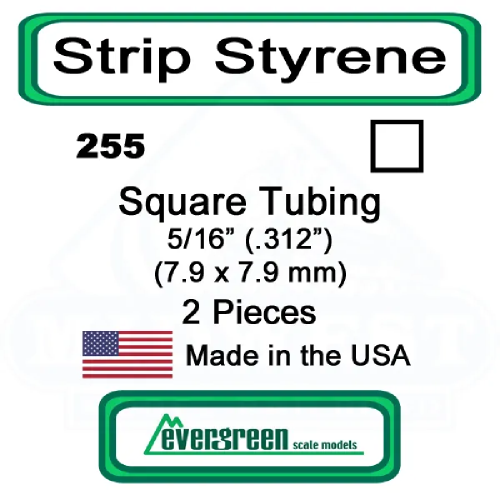 Evergreen Scale Models - Square Tube Styrene – 5/16 (.312") (7.9 x 7.9mm) 2 Pieces #255