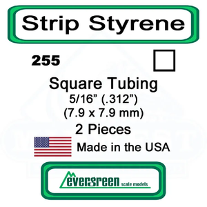 Evergreen Scale Models - Square Tube Styrene – 5/16 (.312") (7.9 x 7.9mm) 2 Pieces #255