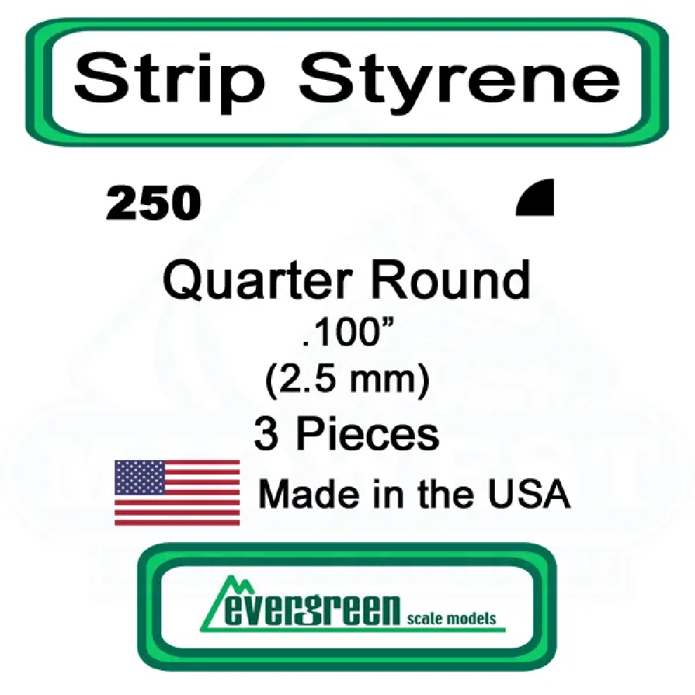 Evergreen Scale Models - Quarter Round Styrene – .100" (2.5mm) 3 Pieces #250