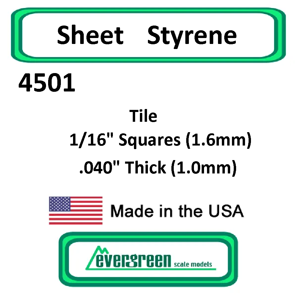 Evergreen Scale Models - Sheet Styrene – Tile 1/16" Squares (1.6mm) .040" Thick (1.0mm) #4501
