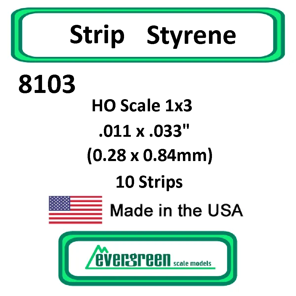 Evergreen Scale Models - Strip Styrene - HO Scale 1x3 .011 x.033" (0.28 x 0.84mm) Opaque White 10x Polystyrene Strips #8103