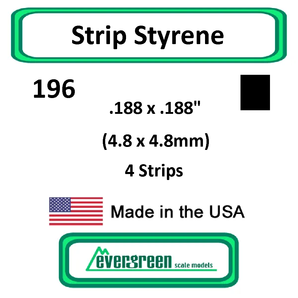 Evergreen Scale Models - Strip Styrene - Square .188 x .188" (4.8 x 4.8mm) 4x Opaque White Polystyrene Strips #196