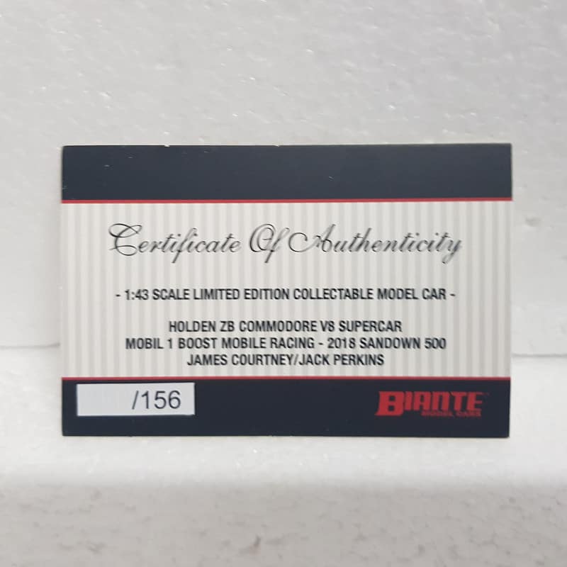 Biante – 1/43 Scale – Holden ZB Commodore V8 Supercar COTF Mobil 1 Boost Mobile Racing #25 Courtney/Perkins 2018 Sandown 500 Retro Round Diecast Scale Model Replica