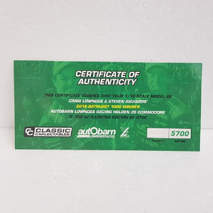 Classic Carlectables 18682 - 1/18 Scale - #888 Craig Lowndes/Steven Richards Autobarn Lowndes Racing Holden ZB Commodore 2018 Bathurst 1000 Winners Scale Model Replica
