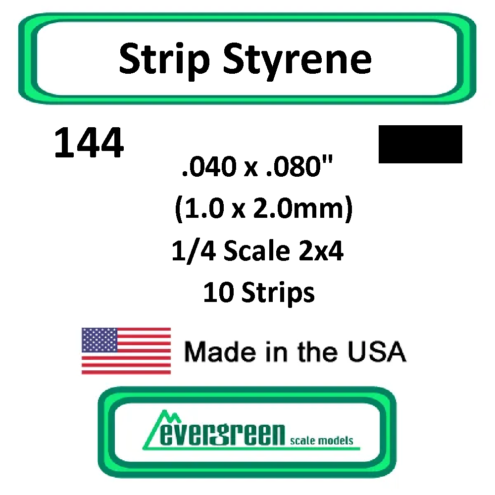 Evergreen Scale Models - Strip Styrene - Square .040 x .080" (1.0 x 2.0mm) 1/4 Scale 2x4 10x Opaque White Polystyrene Strips #144