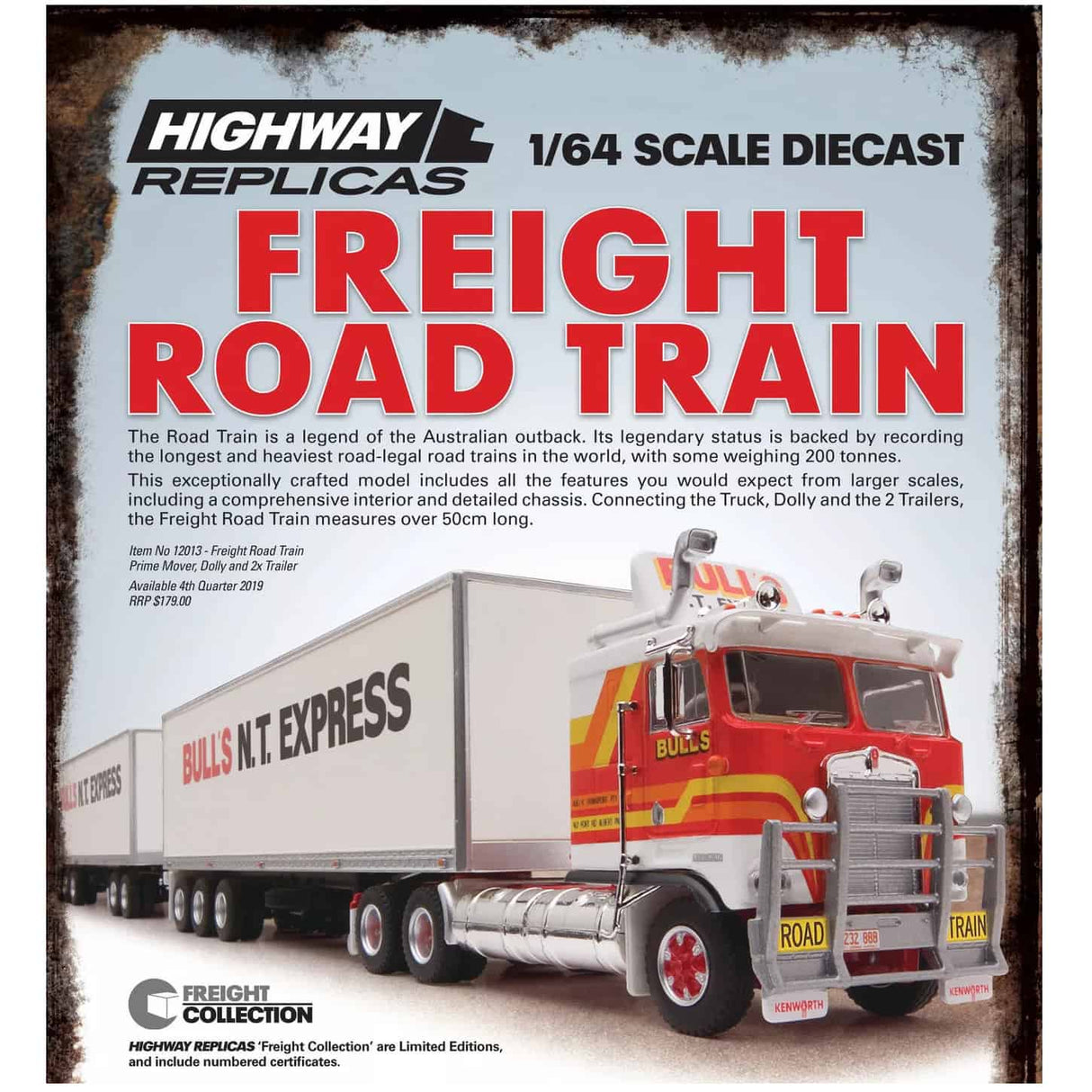 Highway Replicas 12013 - 1/64 Scale - Freight Road Train in "Bull's N.T." Livery Diecast Scale Model Replica