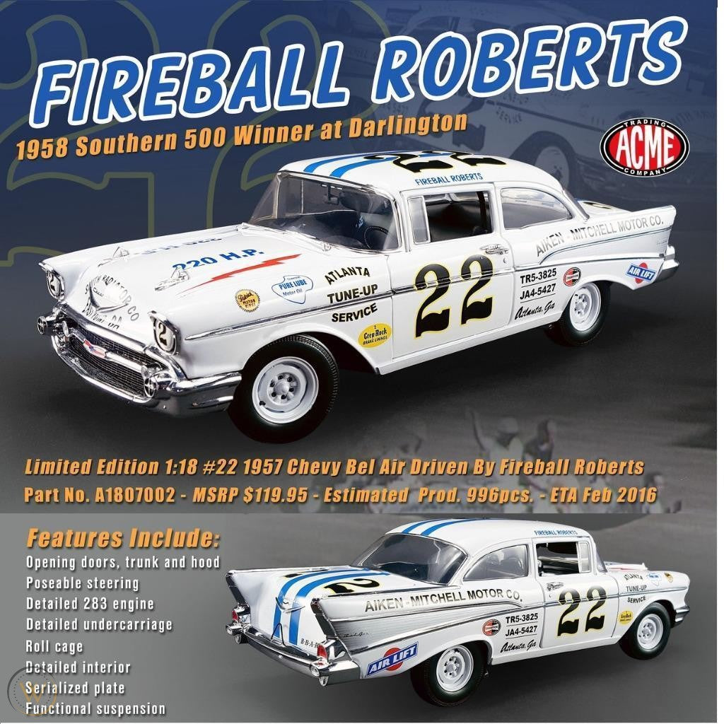 ACME A1807002 - 1/18 Scale Fireball Roberts 1957 Chevrolet Belair Diecast Model Replica