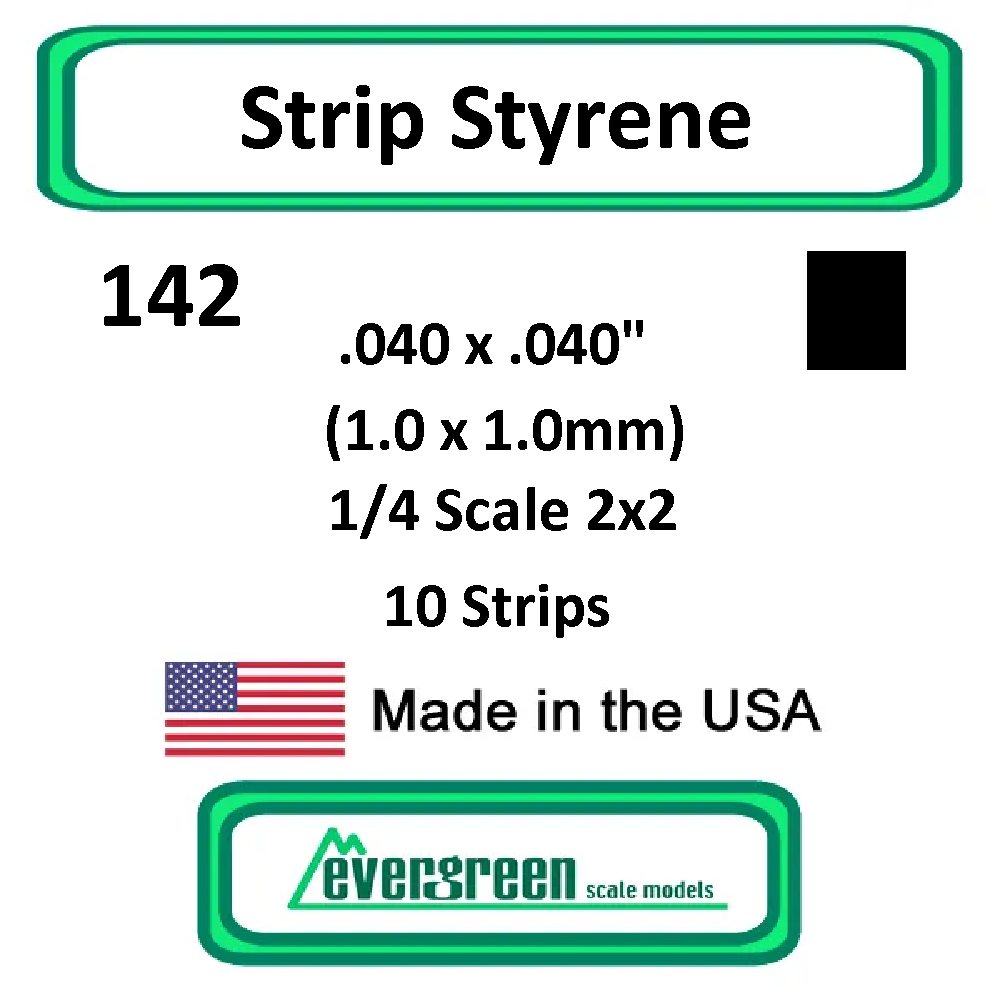 Evergreen Scale Models - Strip Styrene - Square .040 x .040" (1.0 x 1.0mm) 1/4 Scale 2x2 10x Opaque White Polystyrene Strips #142