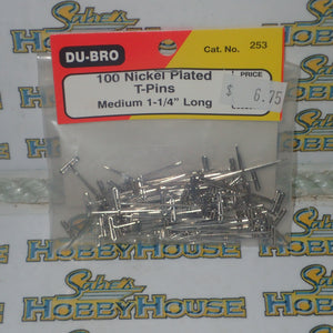 Dubro 253 - 100 Nickel Plated T-Pins Medium 1-1/4" Long
