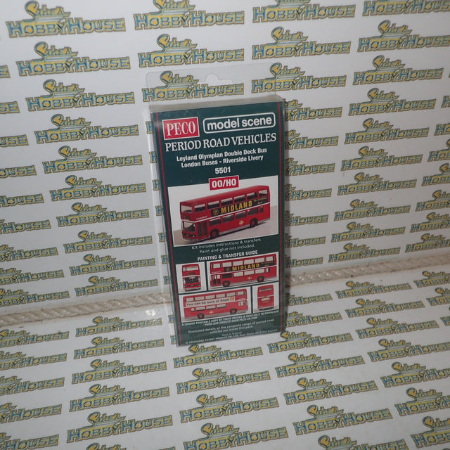 Peco Model Scene 5501 - HO/00 Scale Period Road Vehicles Leyland Olympian Double Deck Bus London Buses Riverside Livery Plastic Assembly Kit