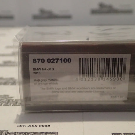 Minichamps - 870 027100 1/87 Scale - BMW M4 GTS 2016 in Matt Grey Metallic w/orange wheels Scale Model Replica