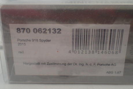 Minichamps - 870 062132 1/87 Scale - Porsche 918 Spyder 2015 Red