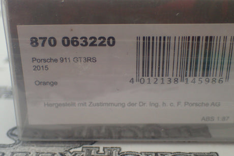 Minichamps 870 063220 - 1/87 Scale Porsche 911 GT3RS 2015 Orange