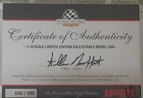 Biante B18F18C - 1/18 Scale Ford FGX Falcon Supercar 1973 Bathurst Winner Retro Livery Diecast Scale Model Replica
