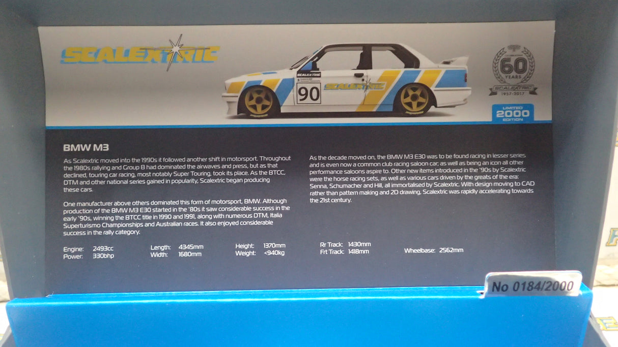 Scalextric C3829AF 60th Anniversary "Car No.3 1990 BMW M3 E30 Slot Car