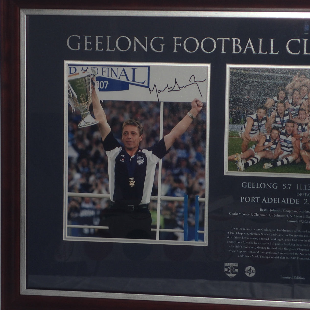 ELITE AUTHENTICS - GEELONG 2007 PREMIERS Personally signed by Captain Tom Harley & Coach Mark Thompson