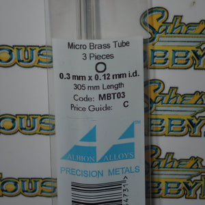 Albion Alloys MBT03 - Precision Metals - Micro Brass Round Tube (0.3mm X 0.12mm) 305mm Long