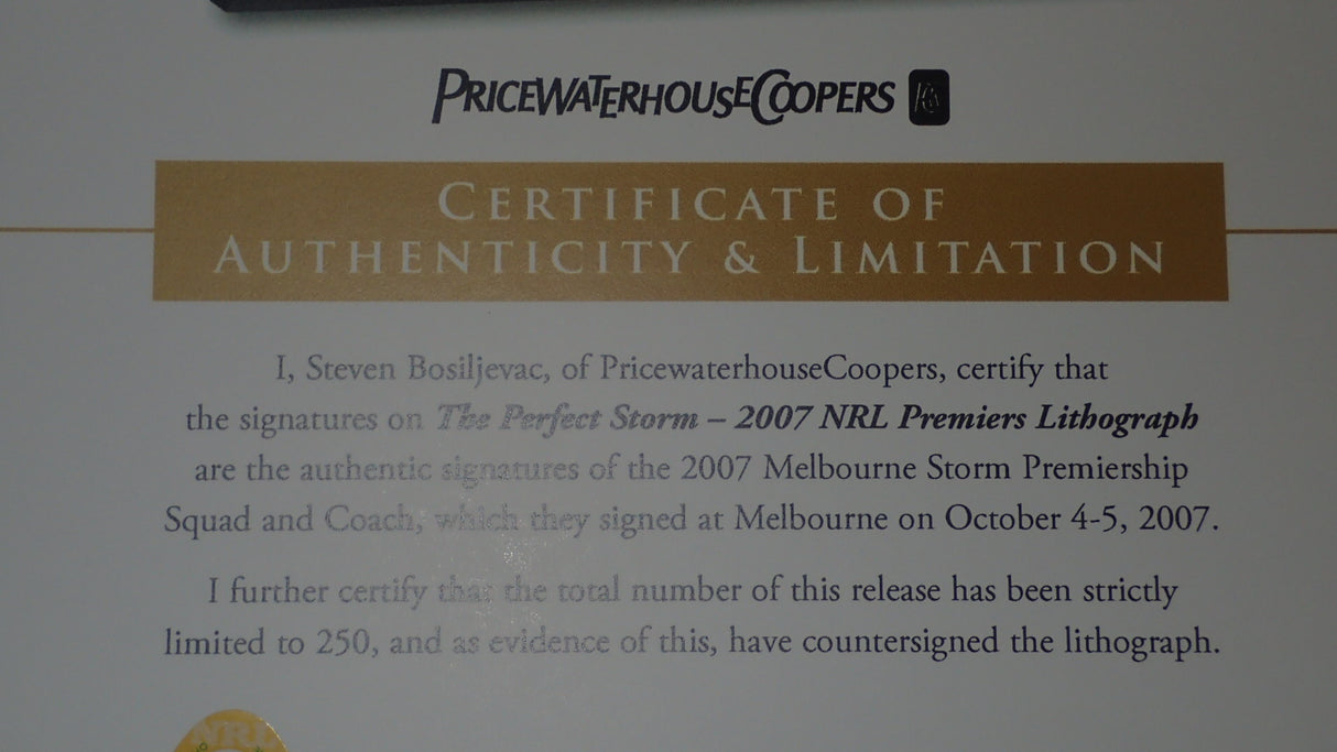 LEGEND MEMORABILIA MEM08 The Perfect Storm Signed 2007 Melbourne Storm Premiers Team Lithograph ex shop display