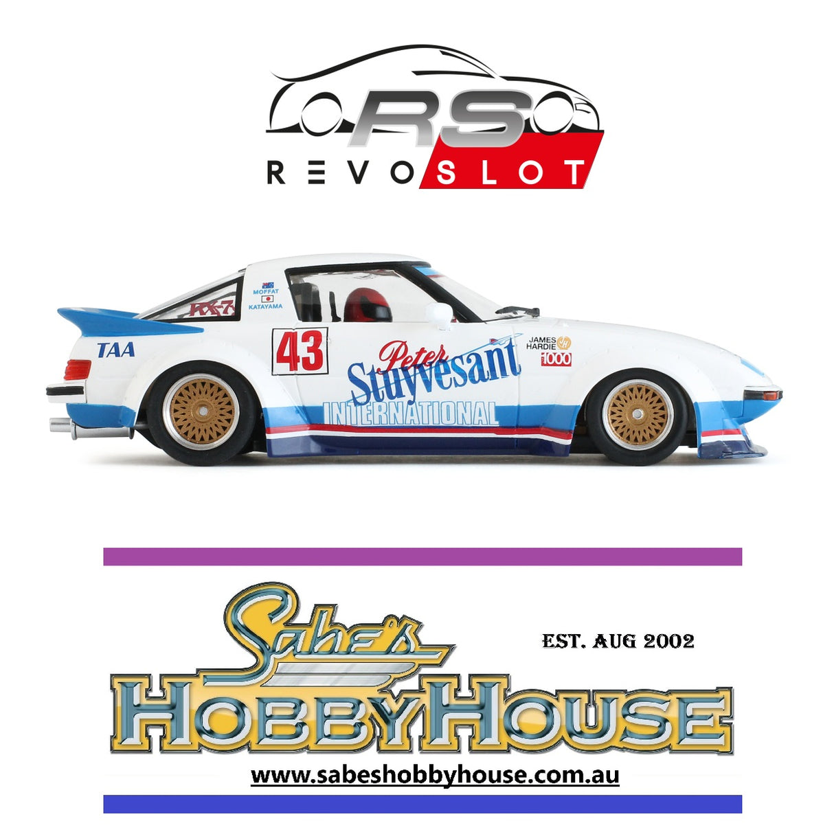 Revo Slot RS093 – 1/32 Scale Mazda RX-7 n.43 Bathurst 1000 - 1983 Peter Stuyvesant - International Racing - A. Moffat - Y. Katayama