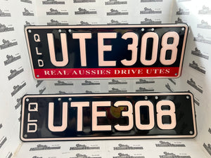 Real Queensland Plates. UTE308 with words REAL AUSSIES DRIVE UTES below.