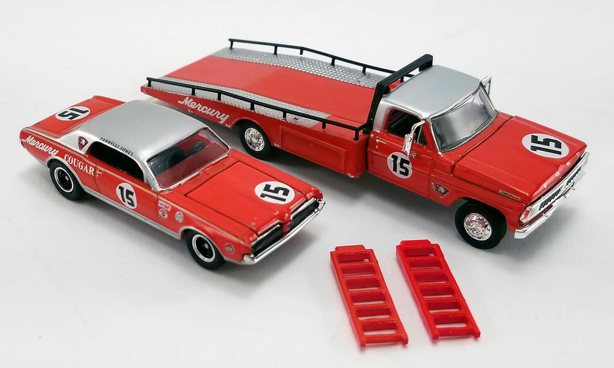 ACME EXCLUSIVE - GL-51343 PARNELLI JONES - FORD F-350 RAMP TRUCK WITH #15 1967 MERCURY COUGAR - ACME EXCLUSIVE