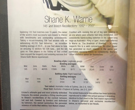 LEGENDS MEMORABILIA MEMO9 Shane K. Warne Recollections of Warne 145 Test Match Recollections 1992 - 2007 X Shop Display